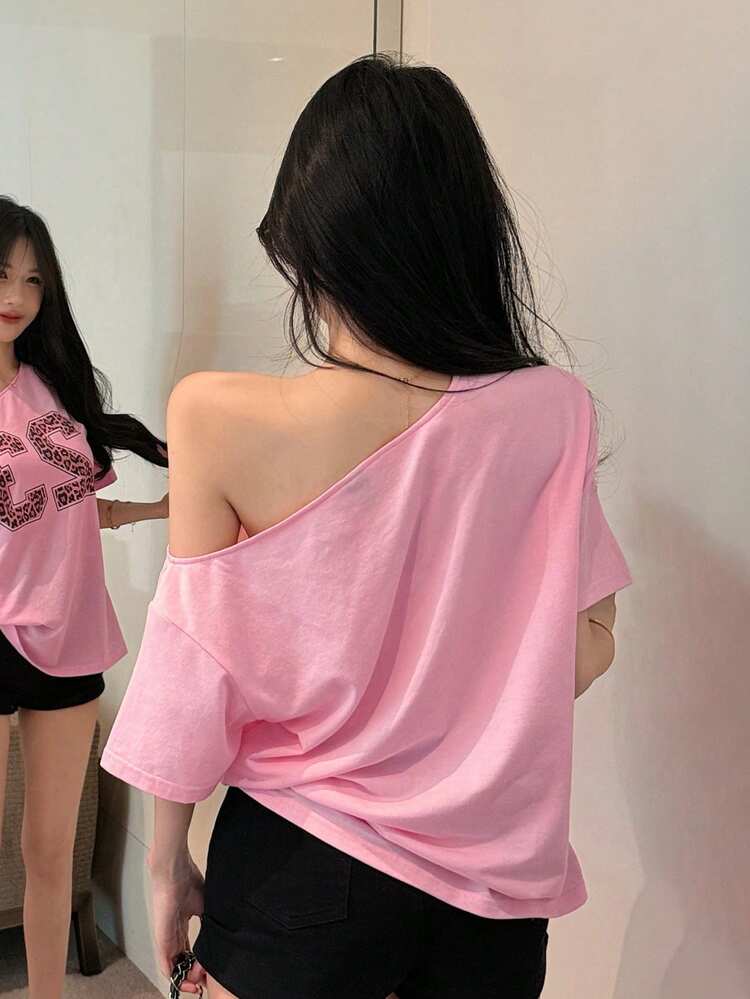 Women's Leopard Print & Letter Loose Off Shoulder Casual Street Style T-Shirt