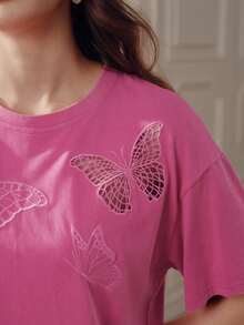 Anewsta Nouveau top tricoté à manches courtes pour femmes, imprimé papillon & coquillage rose, t-shirt tricoté élégant, tenue d'été pour vacances à la plage - Rose bonbon - Voir 3