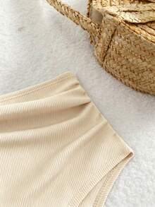 Shapewave Women's Summer Casual Vacation Ribbed High Waist Shorts, Tummy Control Black Swimwear Bottom - Apricot - View 3
