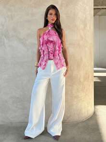 Aloruh Camiseta ajustada de mujer con cuello alto y volantes multicapa elegantes - Multicolor - Ver 6