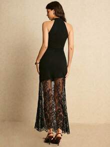 Poéselle Robe d'été élégante pour femmes, de couleur unie avec empiècement en dentelle - Noir - Voir 2