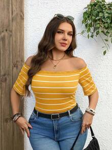 SHEIN LUNE Áo thun ngắn tay kẻ sọc trễ vai dáng rộng dành cho nữ, đa năng, thích hợp mặc hàng ngày. - Màu vàng - Xem 4