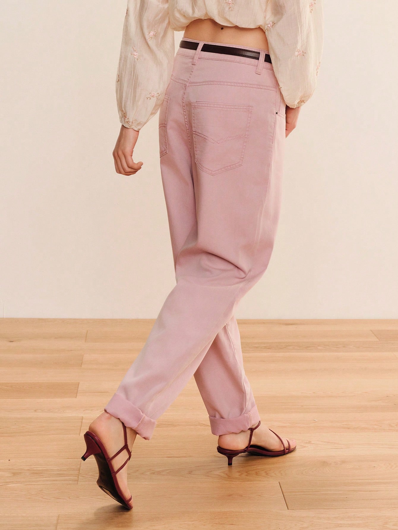 High Rise Tapered Vintage Washed Pink Jeans With Roll Up Hem Pink Pants Women's Fashion Loose Pants