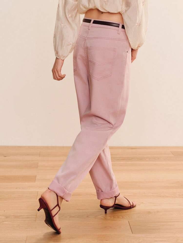 High Rise Tapered Vintage Washed Pink Jeans With Roll Up Hem Pink Pants Women's Fashion Loose Pants