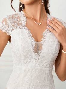 Ellevyn Women's Elegant White Summer Wedding Guest V-Neck Short Sleeve Fitted Embroidered Mesh Mini Dress,Flattering Silhouette For Casual,Work,Gathering - White - View 8