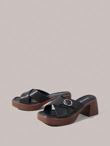 Styleloop Giày nữ mũi vuông đế da PU thiết kế quai chéo trang trí khóa cài, thời trang, đơn giản, thoáng khí và thoải mái, thích hợp cho các bữa tiệc và tiệc tùng hàng ngày, kết hợp với gót hở và sandal, phong cách bohemian, không khí nghỉ dưỡng, trang phục mùa hè, vật dụng không thể thiếu khi đi du lịch. - màu đen - Xem 2