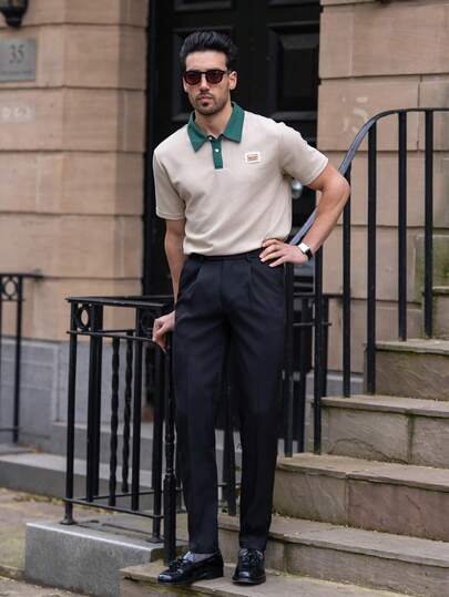 YOUESAWY YOUESAWY 男士字母刺绣撞色短袖休闲通勤 Polo 衫