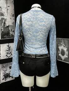 EgrlEra Women's Sexy Contrast Lace V-Neck Lace Trim Blouse - Blue - View 4