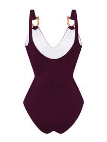 Swim Oasis Conjunto de traje de baño de una pieza con decoración de metal de unicolor y minifalda, adecuado para vacaciones en la playa, fiestas en la piscina y fiestas en la playa - Burdeos - Ver 5