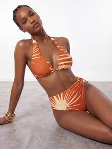 Maija Women's Summer Beach Vacation Printed Halter Bikini Set Beach Outfit For Women Summer Bikini Set For Women - Orange - View 1