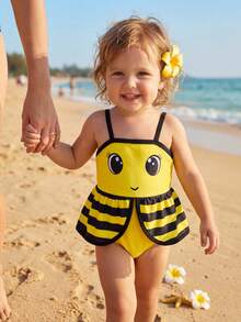 SHEIN Baby Girl Little Bee Print One-Piece Swimsuit, Beach Holiday - Yellow - View 1