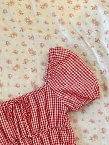 Attitoon Áo sơ mi nữ tay phồng kiểu retro, áo blouse kẻ caro đỏ, trang phục mùa hè cho nữ. - Nhiều màu - Xem 3