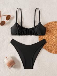 Swim Mod Bộ bikini nữ gợi cảm, dây đeo vai mảnh có thể điều chỉnh, kiểu dáng một vai, bikini xếp ly cao cấp tối giản, bề mặt mờ, thích hợp cho kỳ nghỉ, bãi biển, tiệc tùng, hồ bơi. - màu đen - Xem 3