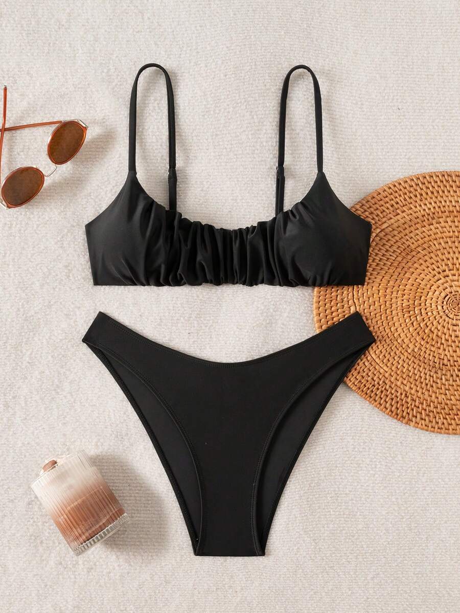 SHEIN Swim Mod Swimsuit Women's Sweet Sexy Bikini Swimsuit, Adjustable Spaghetti Straps, One-Shoulder Style, Minimalist High-End Pleated Separate Bikini, Matte Finish, Suitable For Vacation, Beach, Party, Pool - Black - View 1