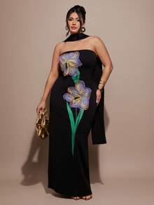 SHEIN BAE Plus Size Elegant Black Bodycon Long Maxi Dress,Autumn Formal Evening Ceremony Gown Women's 3D Floral Vibrant Plant Pattern Strapless Cocktail Party - Black - View 9