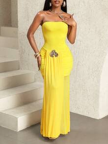 SHEIN BamGlam Đầm lưới xuyên thấu không dây vai dành cho nữ, phối nhiều mảnh vải. - Màu vàng - Xem 5