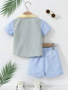 SHEIN Conjunto de camisa casual de manga corta con botones y bloques de color a rayas para niños pequeños, verano - Multicolor - Ver 2