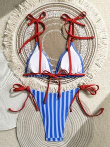 Swim Mod 2pcs/Set Women Cute Blue And White Stripe Bikini Set, Summer Holiday Beach Bikini With Ocean Print, Spaghetti Strap Tie Top, Side Tie Swimwear Sexy - Blue - View 2