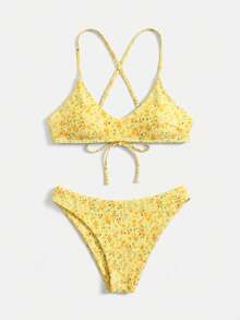 Swim Mod Conjunto de bikini con estampado floral diminuto para vacaciones en la playa - Amarillo claro - Ver 3