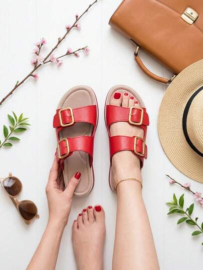 Sandalias planas para mujer con doble hebilla, punta abierta y diseño minimalista, color rojo, estilo casual de verano