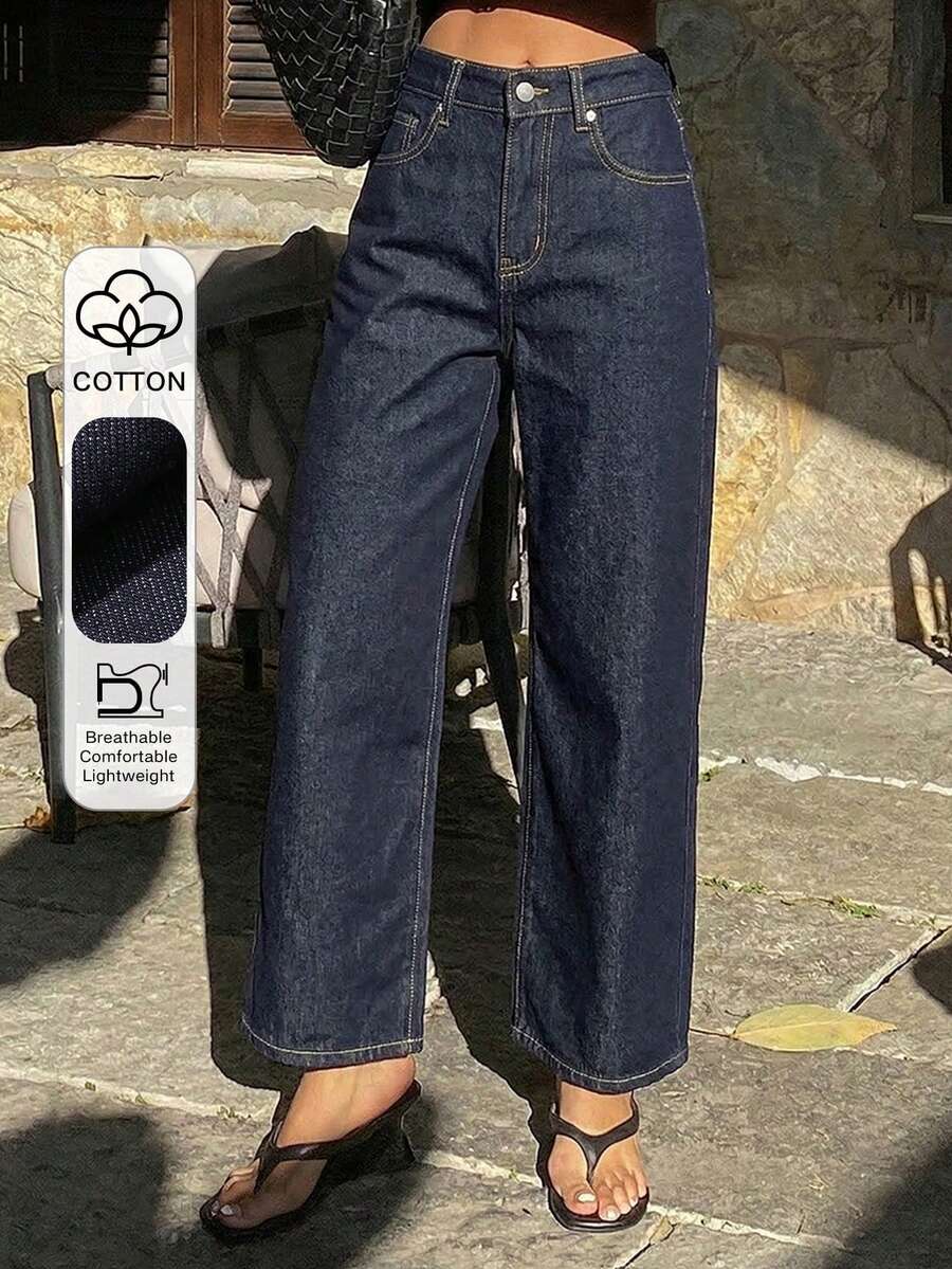 Jeans casuales de pierna recta y tobilleros para mujer - Azul lavado oscuro - Ver 1