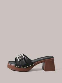Styleloop Women's Square Toe Buckle With Decorative Pu Fabric, Fashionable, Simple, Breathable And Comfortable, Daily Party And Banquet With One Heel Sandals, Holiday Atmosphere, Summer Wear, A Must For Travel - Black - View 3