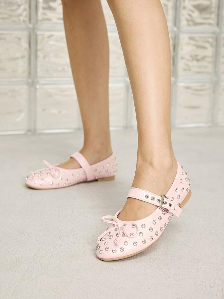 WOMEN SHOES NEW EUROPEAN AND AMERICAN FASHION RHINESTONE RIVET BOW WITH BUCKLE FLAT BOTTOM ROUND TOE SHOES, VERSATILE, COMFORTABLE, LIGHTWEIGHT, SIMPLE FAIRY STYLE, HIGH-END TEMPERAMENT ELEGANT MARY JANE SHOES