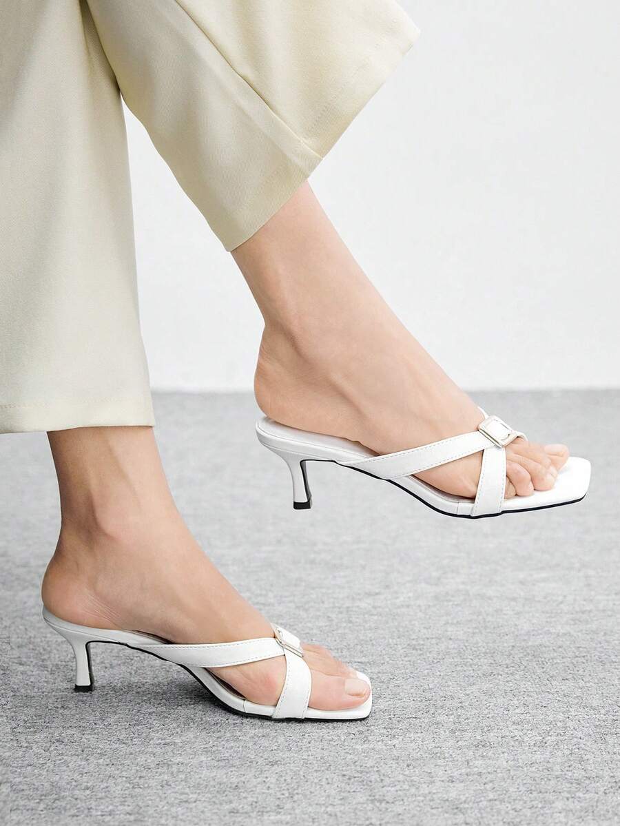 CUCCOO BIZCHIC 女士方头性感白色细高跟拖鞋夏季透气前卫交叉凉鞋通勤女鞋夏季鞋 - 白色 - 查看 1