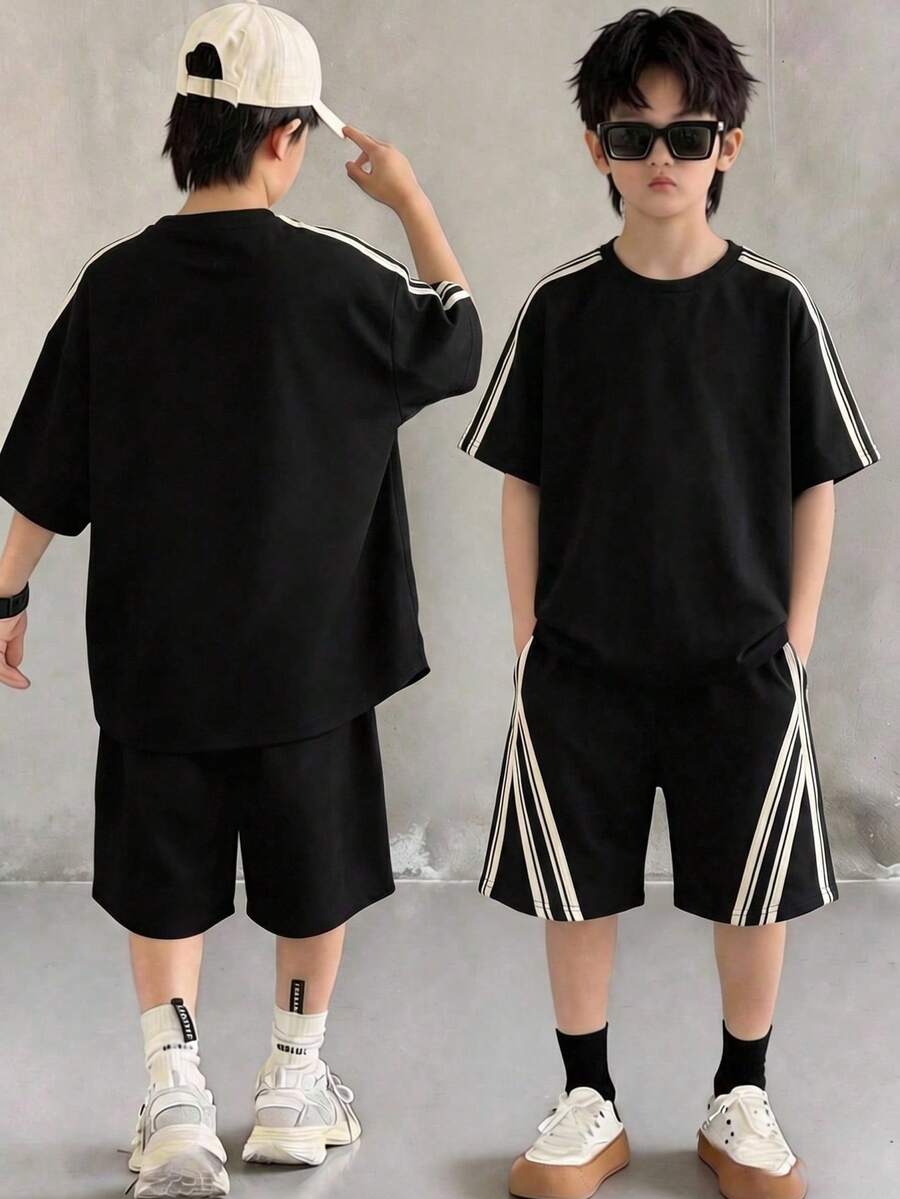 SHEIN Little Byeori 2pcs/Set Tween Boy Casual Striped Ribbon Crew Neck T-Shirt And Shorts Set, Suitable For Commuting, School, Daily Casual Wear, Sports, Spring/Summer