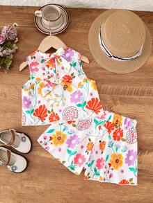 SHEIN Bộ 2 món áo và quần short họa tiết hoa nhí cho bé gái. - Nhiều màu - Xem 2