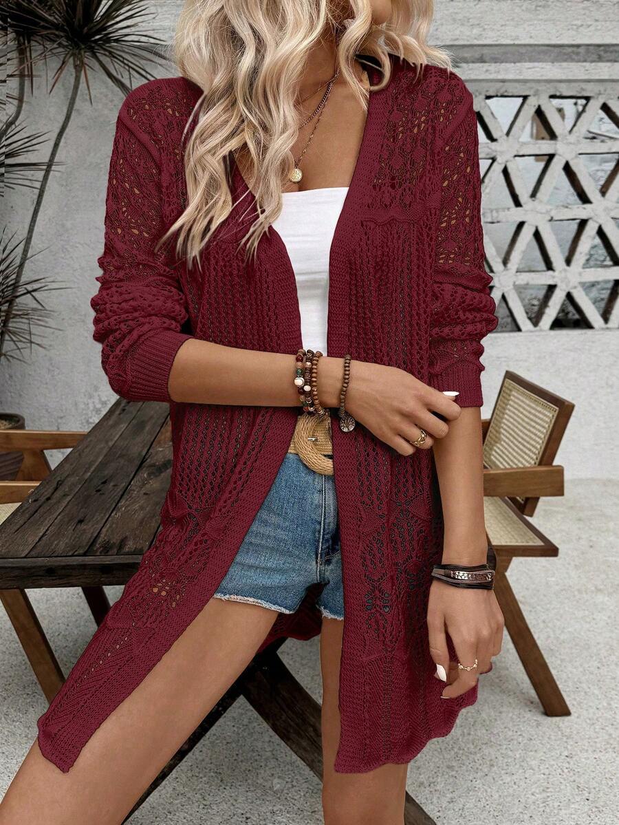 SHEIN LUNE Áo khoác cardigan dài tay nữ màu trơn khoét lỗ, kiểu dáng thường ngày - Màu Đỏ Sâu - Xem 1