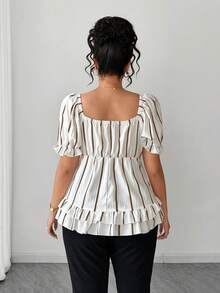 Elenzga Plus Size Waist Cinching Textured Print Elegant Palace Style Shirt - Multicolor - View 2