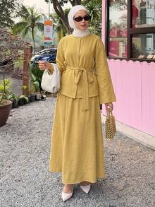DAZY Spring Loose Casual Elegant Pullover Shirt & Long Skirt 2 Pieces Set For Women Lounge Sets For Women - Yellow - View 2