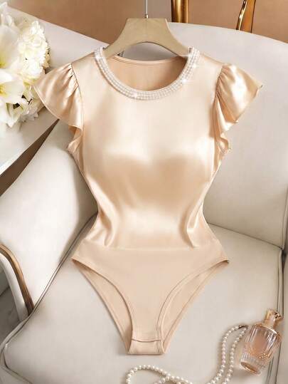 GlowEve Body pentru femei, cu decolteu rotund, cu decor de perle și mâneci cu volane, stil mulat, elegant și versatil pentru plajă, petrecere, întâlniri și ieșiri casual, pentru primăvară/vară
