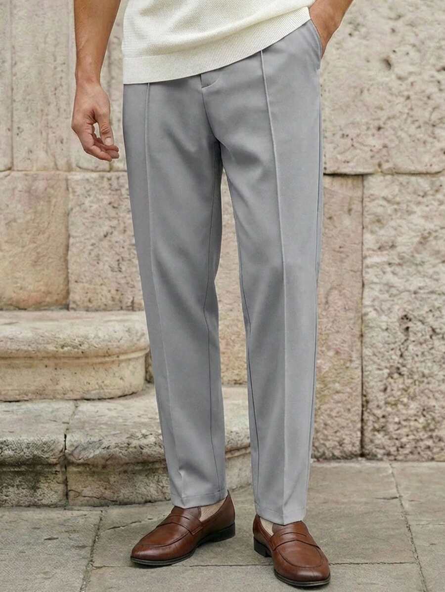 Manfinity VCAY Men's Light Grey Autumn Casual Office Trouser Minimalist Solid Color Woven Drawstring Waist Seam Front Slim Fit Pants For Everyday Commute - Baby Blue - View 1