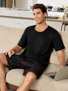 CoupledUp Men's Heart Print Casual Short Sleeve Shorts Pajama Set, Ribbed Knit - Black - View 4