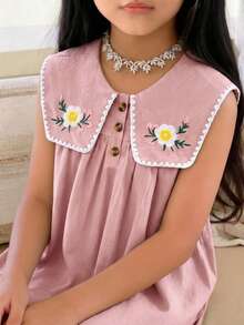 SHEIN Tween Girls/Tween Girl Girls Pastoral Floral Embroidered Pattern Ruffle Collar Puff Sleeve Dress,Versatile Round Neck Trim Contrast Color - Pink - View 7