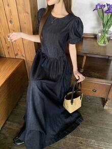 Vestido vaquero casual largo con cuello redondo, manga corta, espalda descubierta y lazo para mujer - Azul lavado oscuro - Ver 7