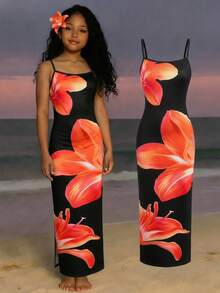 SHEIN Tween Girl Tween Girls' Casual Vacation Black Tropical Floral Print Slit Hem Dress - Black - View 9