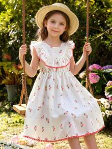SHEIN 1pc Girls Summer New Round Neck Ruffle Trim Front, Open Water Drop Waist Elastic Ditsy Floral Casual Sweet Vacation Dress - Multicolor - View 3