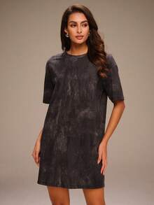 Anewsta Women's Summer Commuting Outfit, Elegant Loose T-Shirt Dress, Black Short Sleeve Round Neck Mini Dress. Suitable For Commuting, Daily Wear And Dating - Grey - View 4