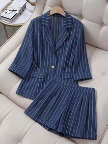 Qadelle Conjunto de 2 piezas de chaleco sin mangas y pantalones cortos con estampado de bambú y rayas de aspecto de lino, estilo callejero francés elegante y vintage, versátil para negocios, oficina, vacaciones y verano - Azul y blanco - Ver 4