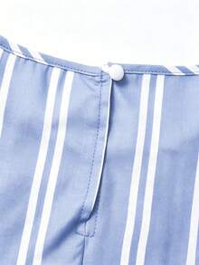 Linhara 女士夏季条纹圆领荷叶袖复古休闲衬衫，适合周末购物、咖啡馆小憩、通勤上班、日常穿着 - 藍白色 - 查看 5