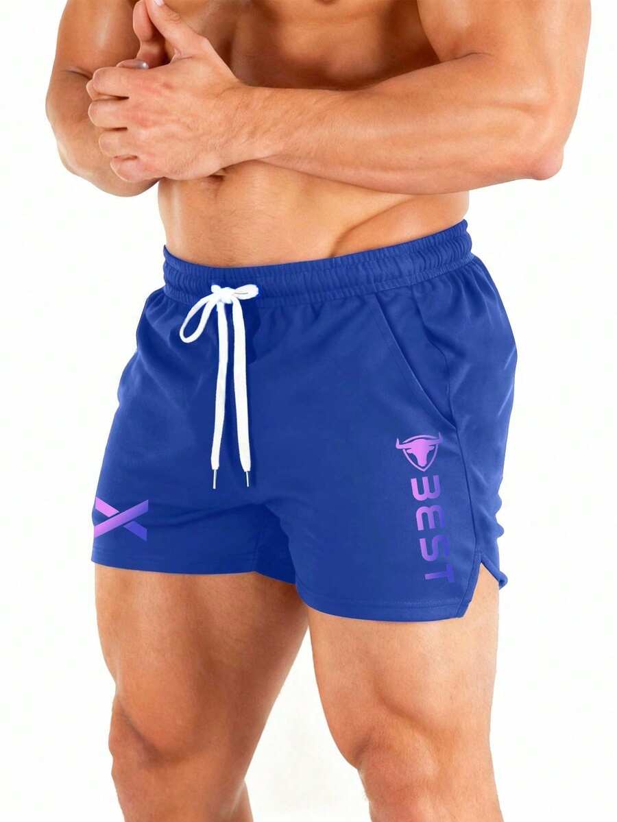 Coreblaze Men's Ombre Letter Print Drawstring Waist Sports Shorts, Summer - Blue - View 1