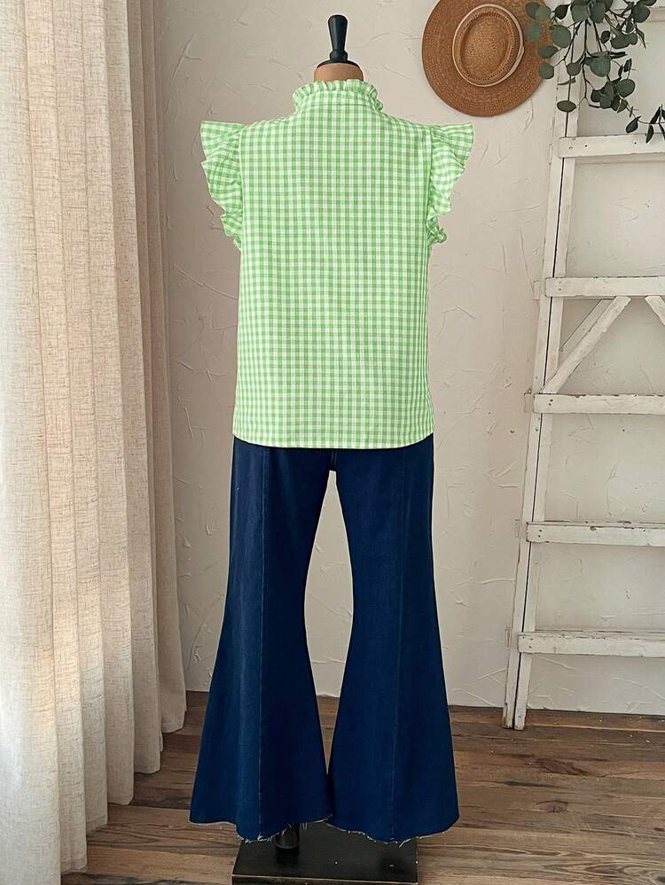 Plus Size Summer Vacation Plaid Frill Trim Blouse