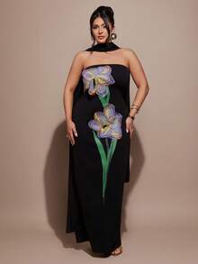 SHEIN BAE Plus Size Elegant Black Bodycon Long Maxi Dress,Autumn Formal Evening Ceremony Gown Women's 3D Floral Vibrant Plant Pattern Strapless Cocktail Party - Black - View 7