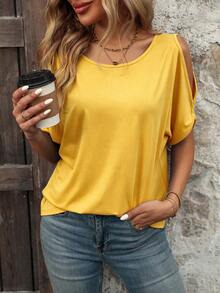 SHEIN Holidaya Camiseta casual holgada de mujer de unicolor con cuello redondo y bajo con abertura - Amarillo - Ver 6