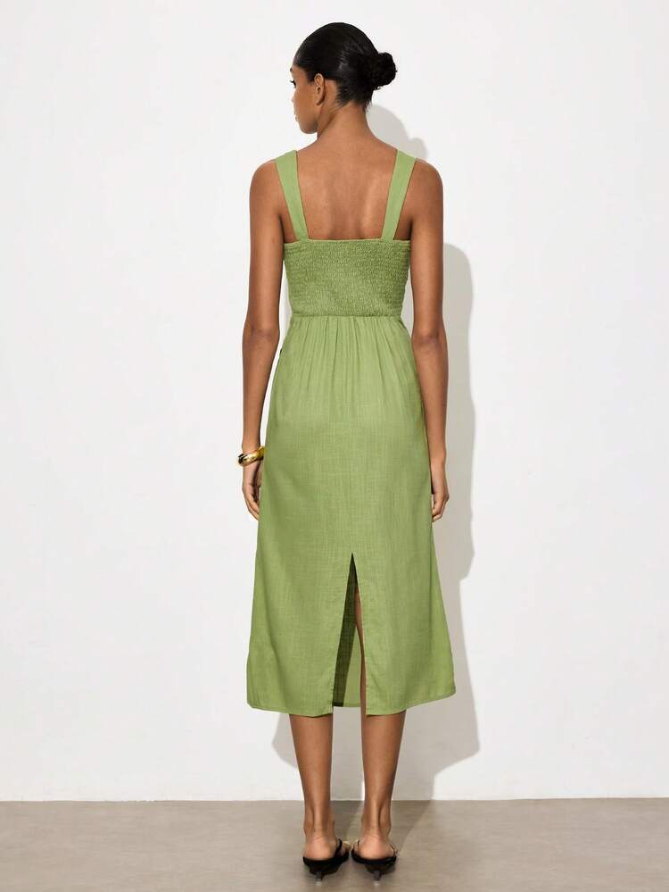 SHEIN Maija Women's Fashion Solid Color Pleated Bust Midi Dress,Vacation Outfits Women,Summer Dresses For Women
