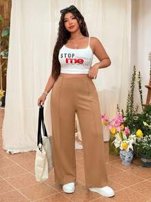 SHEIN EZwear 大码女式纯色简约直筒休闲裤 - 卡其色 - 查看 3