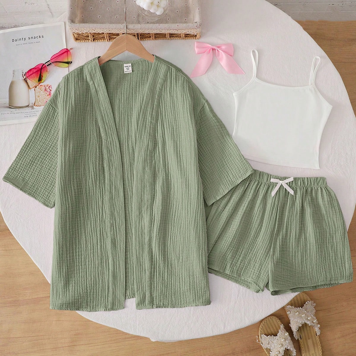 Conjunto de camisa y pantalones cortos de lino texturizado de verano informal para vacaciones de niñas preadolescentes
